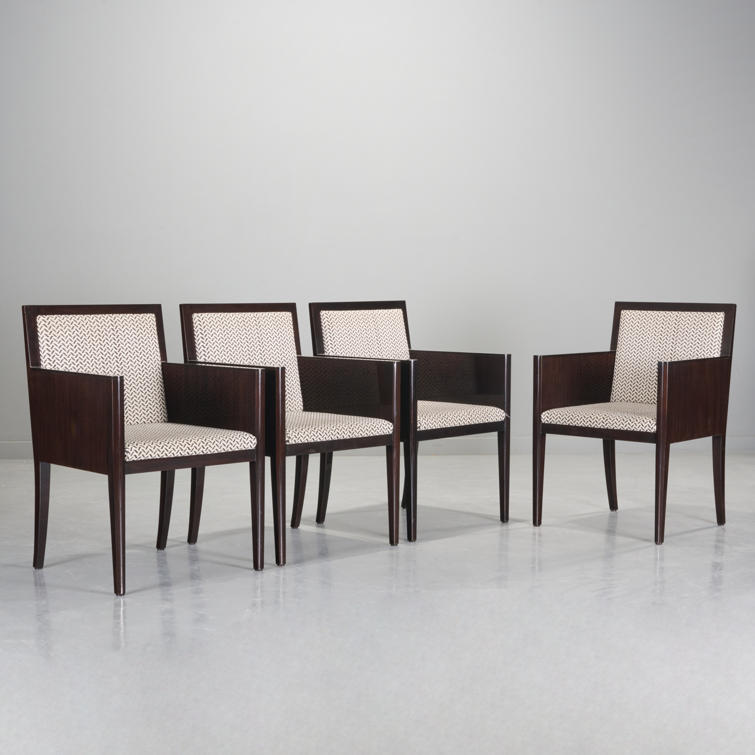 JMF STYLE BROWN LACQUERED ARMCHAIRS,