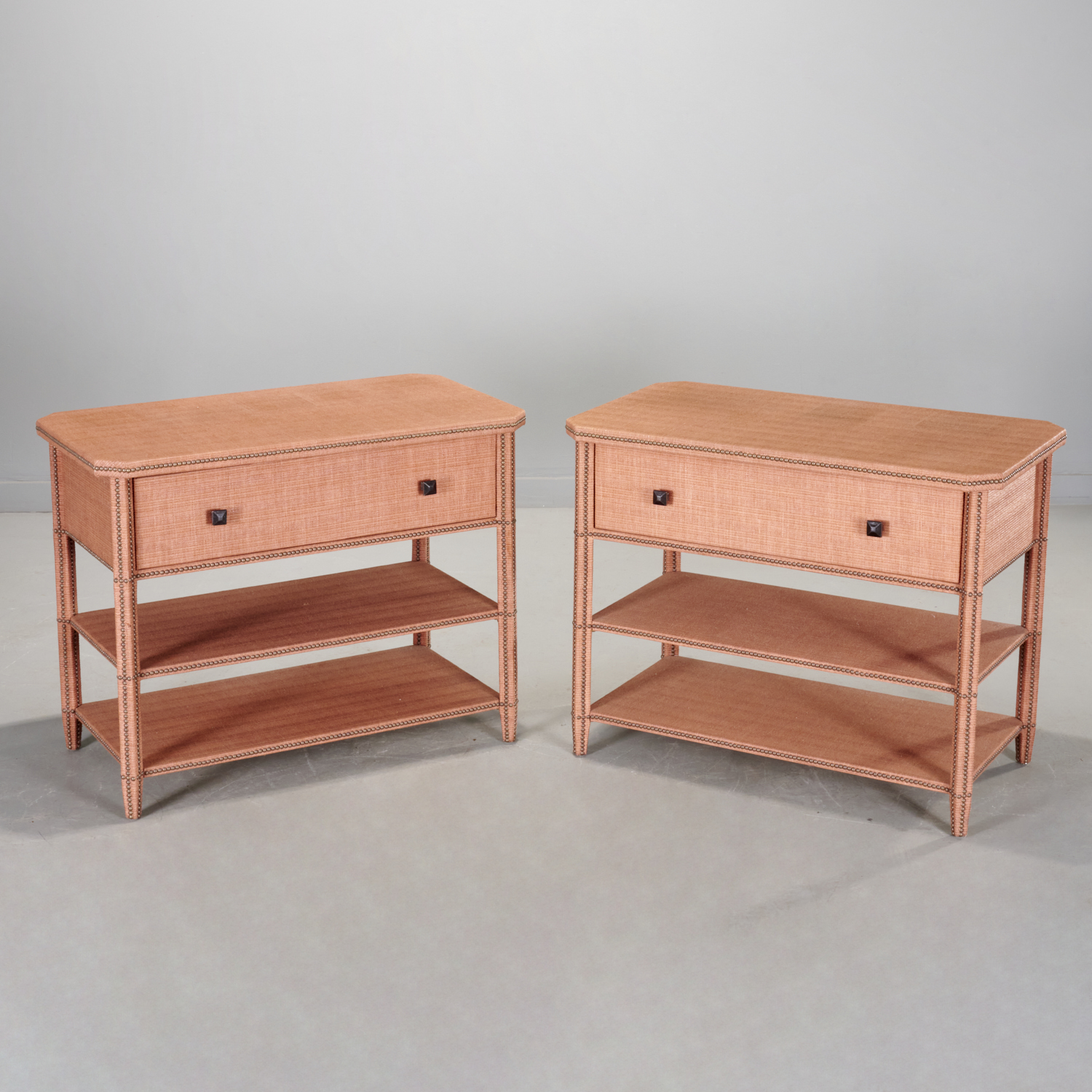 PAIR WOVEN STRAW CLAD BEDSIDE TABLES,