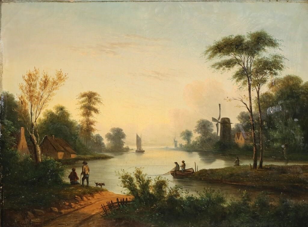 DUTCH OIL ON CANVAS RIVER LANDSCAPEOil