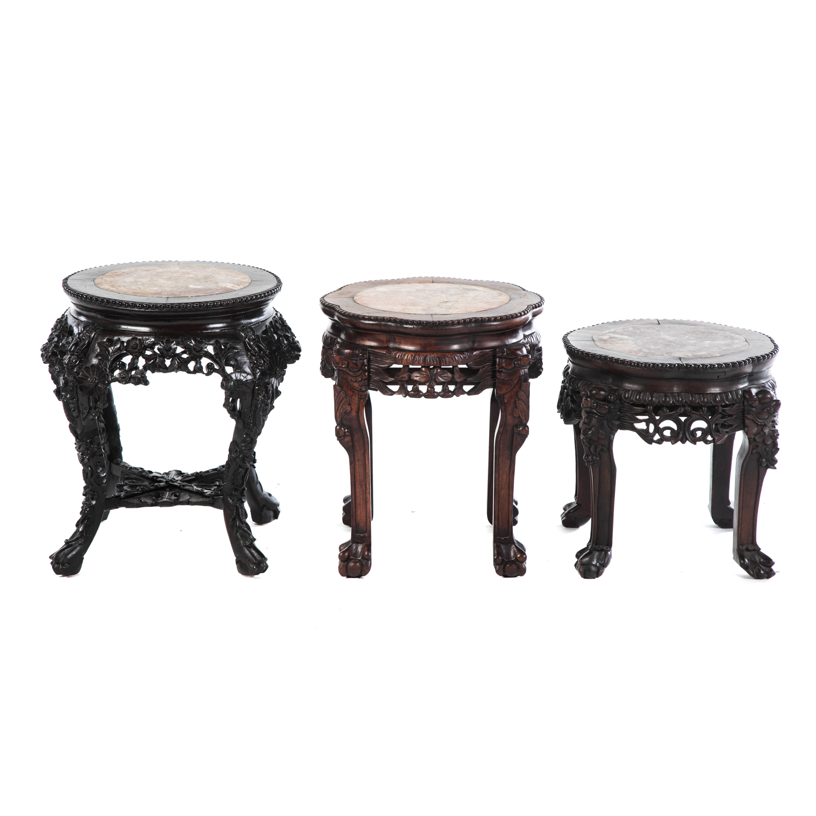 THREE CHINESE CARVED ROSEWOOD TABOURETS