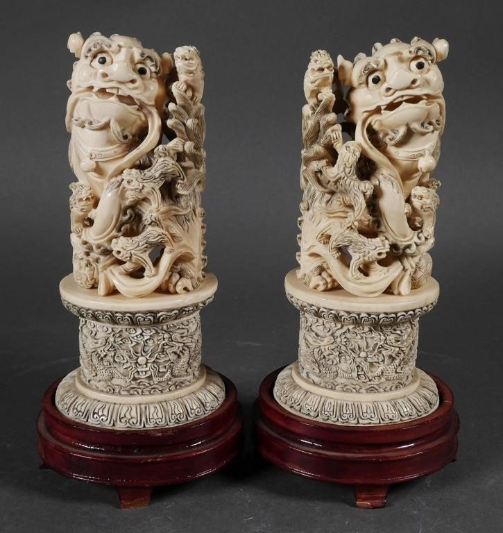 PAIR ANTIQUE CHINESE CARVED IVORY FOO