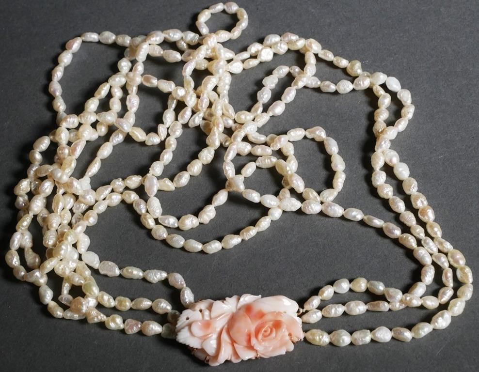 FRESHWATER PEARL & CORAL NECKLACETriple