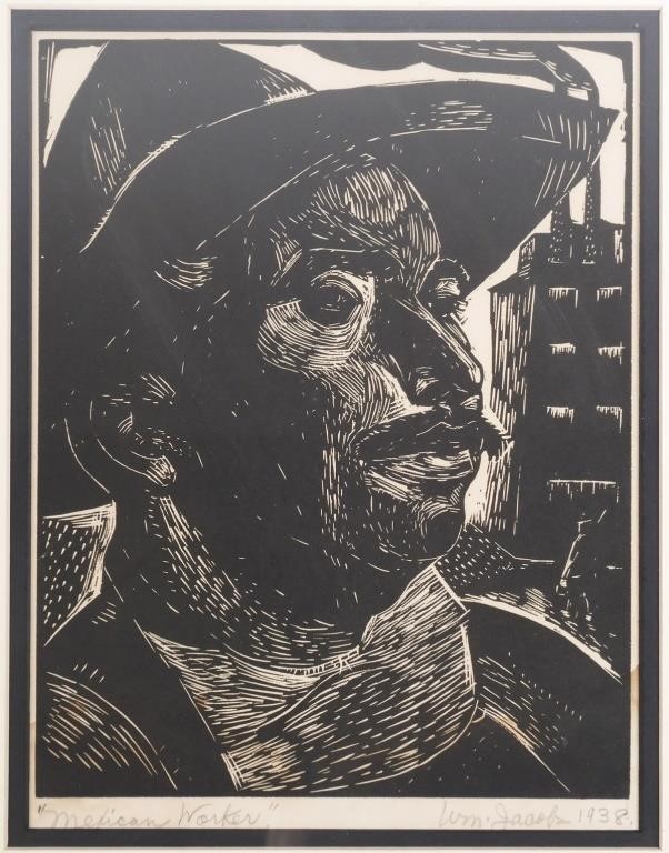 WILLIAM JACOBS MEXICAN WORKER WOODCUT 2a1ab3