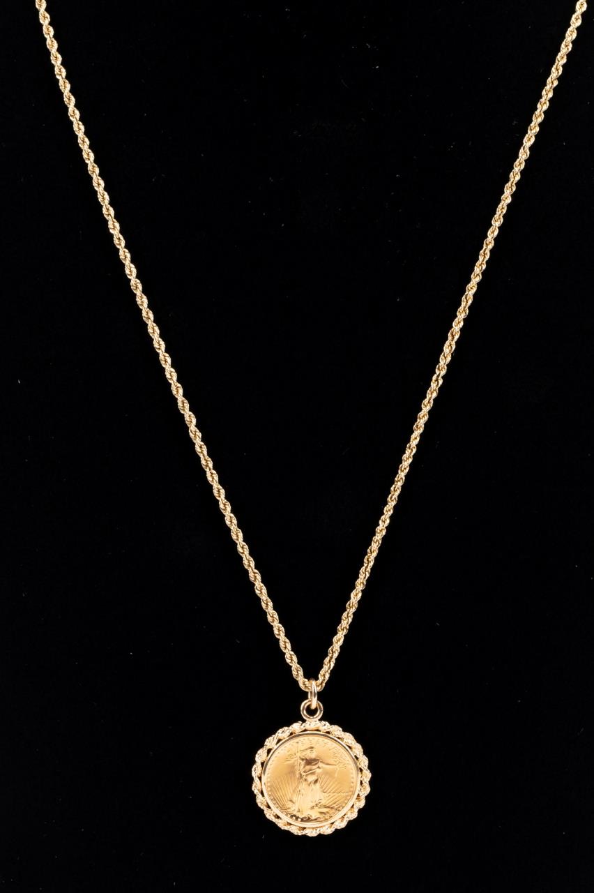 14K GOLD US 1986 5 GOLD COIN NECKLACE 29f67a