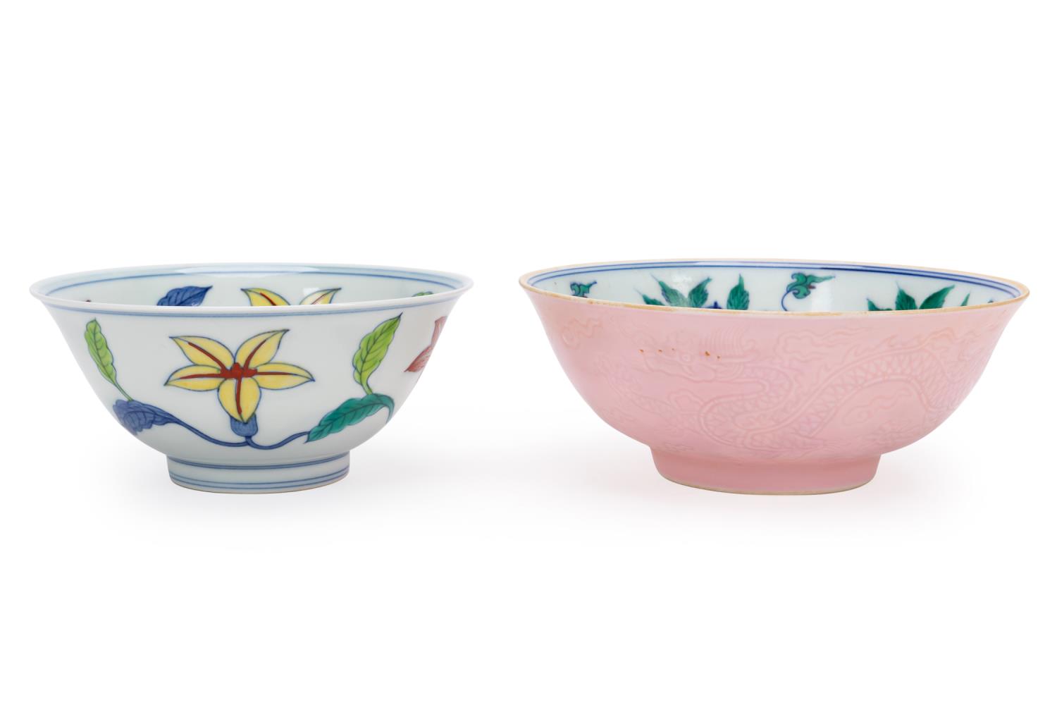 TWO CHINESE MING STYLE DOUCAI BOWLS