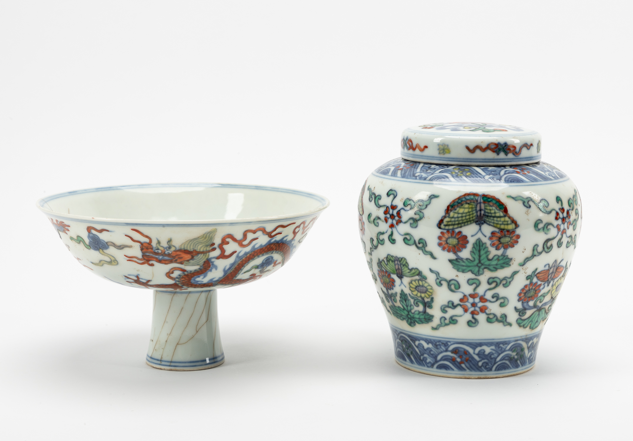 TWO CHINESE MING STYLE DOUCAI PORCELAIN