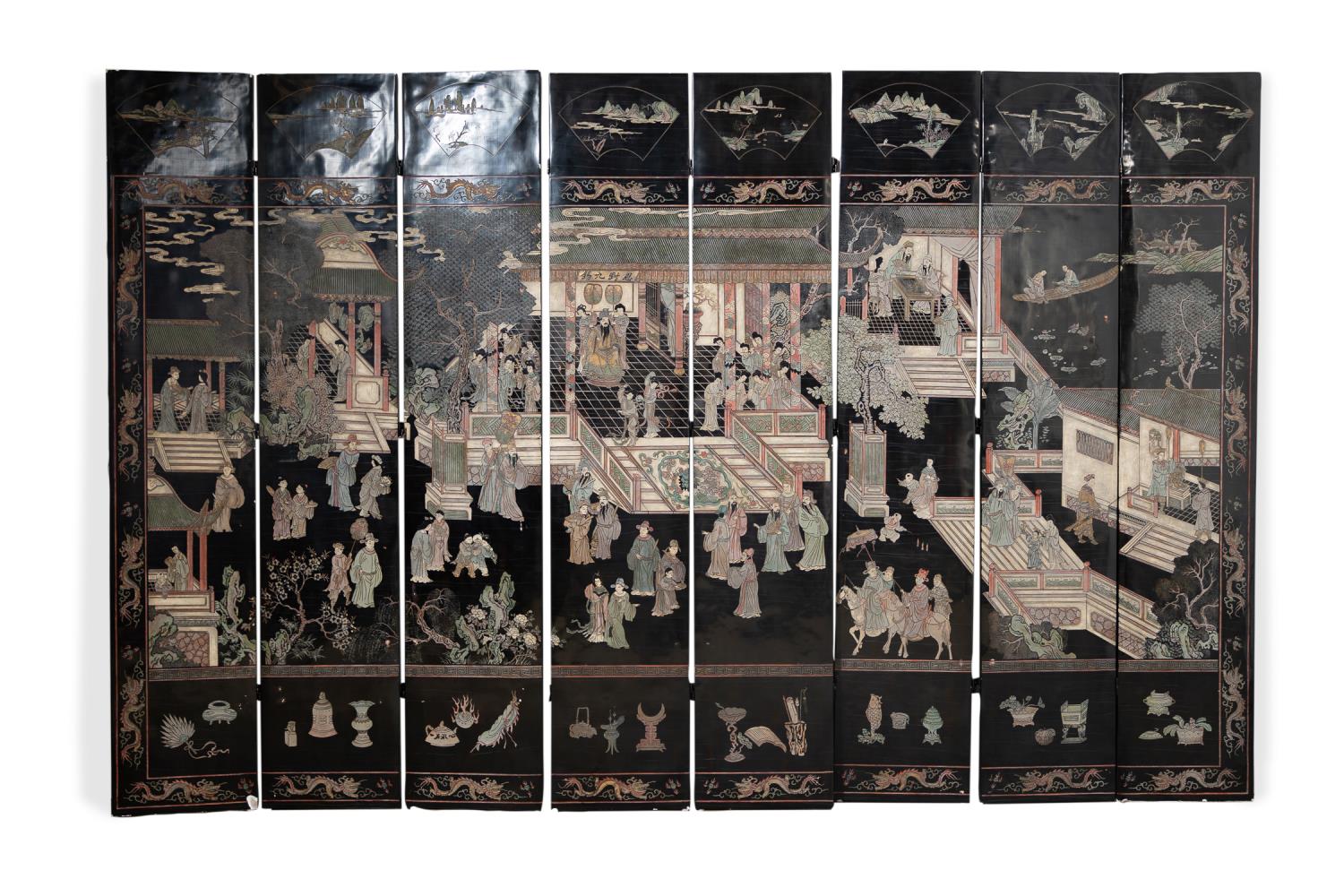 EIGHT PANEL ASIAN BLACK LACQUER SCREEN