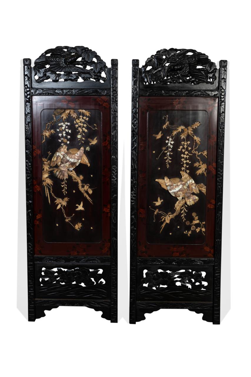 TWO JAPANESE INLAID EAGLE SCREEN