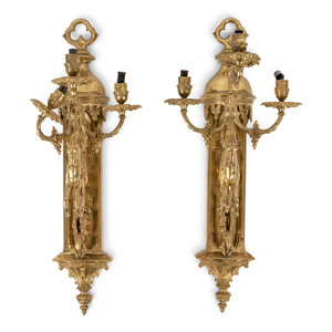 A Pair of Gothic Style Brass Three-Light