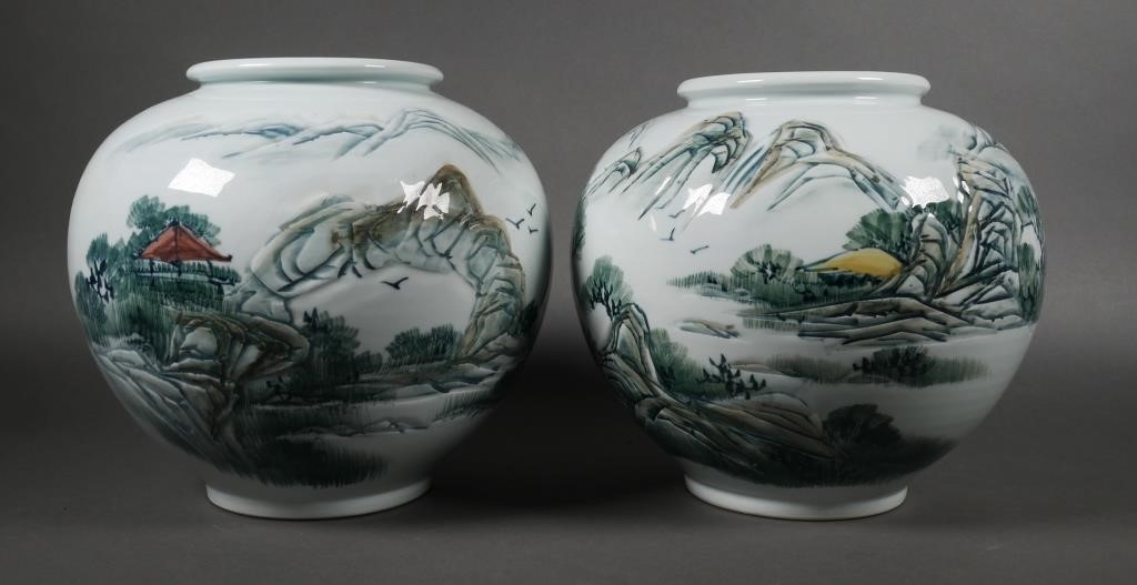 PAIR JAPANESE PAINTED VASES, INCISED,