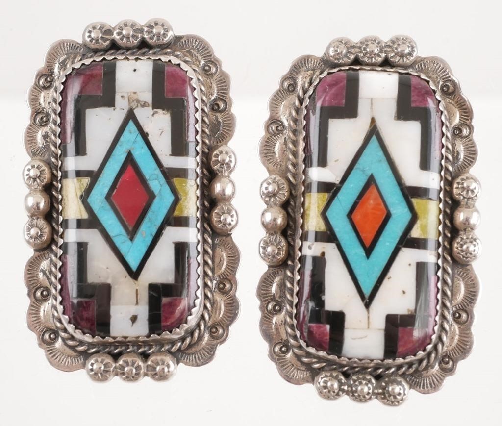 PAIR NAVAJO STERLING INLAID STONE 2a387b