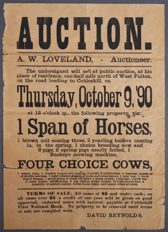 1890 BROADSIDE, FARM AUCTION ADVERTISEMENTNice