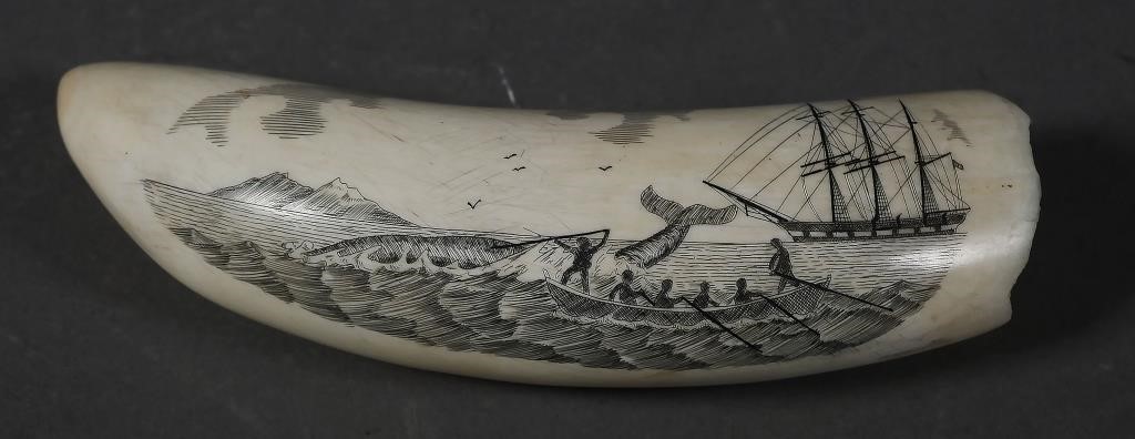 SCRIMSHAW WHALE TOOTH WHALING SHIPAntique