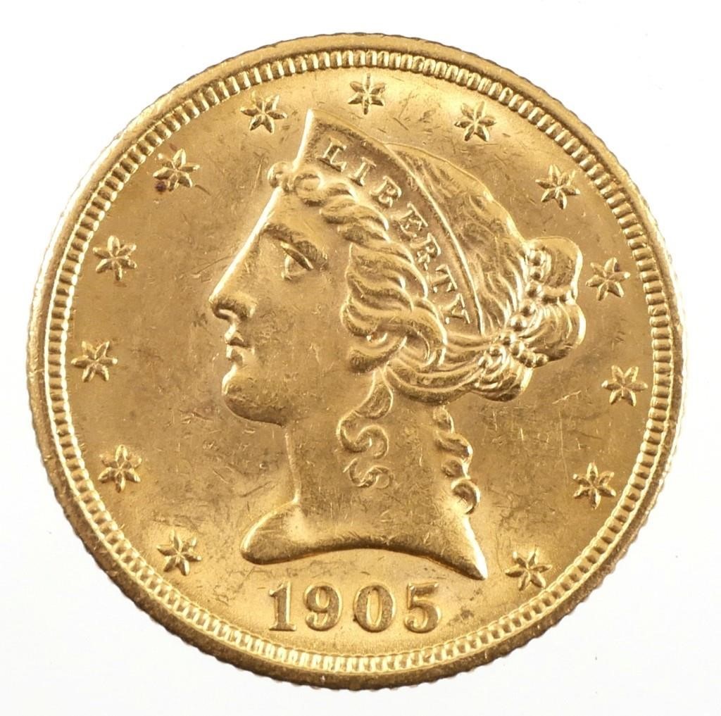 1905 US GOLD HALF EAGLE $5 COINSee images