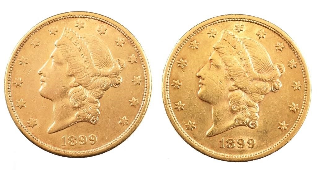 2 LIBERTY HEAD US $20 GOLD PIECESTwo