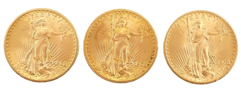 3 ST GAUDENS 20 GOLD PIECES 1908Three 2a3e0c