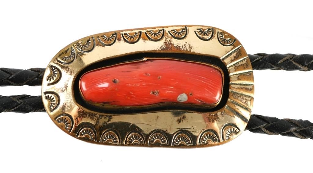 NAVAJO GOLD VERMEIL CORAL BOLO 2a436c