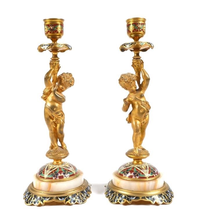 PAIR OF CHAMPLEVE AND GILT BRONZE
