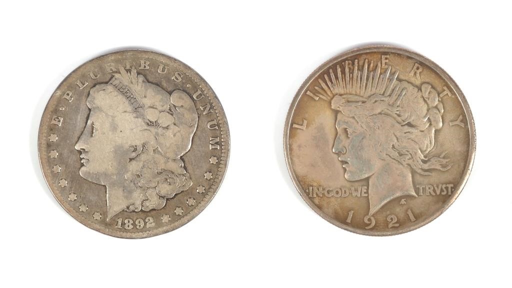 1921 PEACE DOLLAR & 1892 CC MORGAN