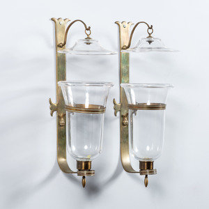 A Pair of Brass and Glass Hurricane