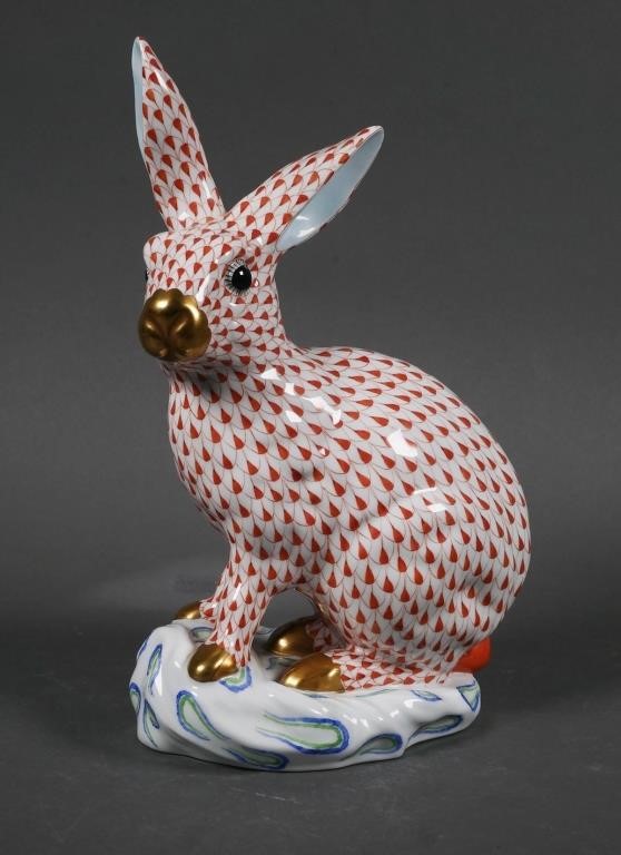 HEREND PORCELAIN LARGE RED FISHNET RABBIT