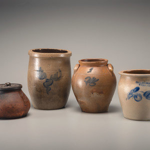 Three Cobalt Decorated Stoneware Vessels
19th