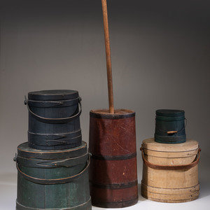 Four Painted Wood Firkins and a