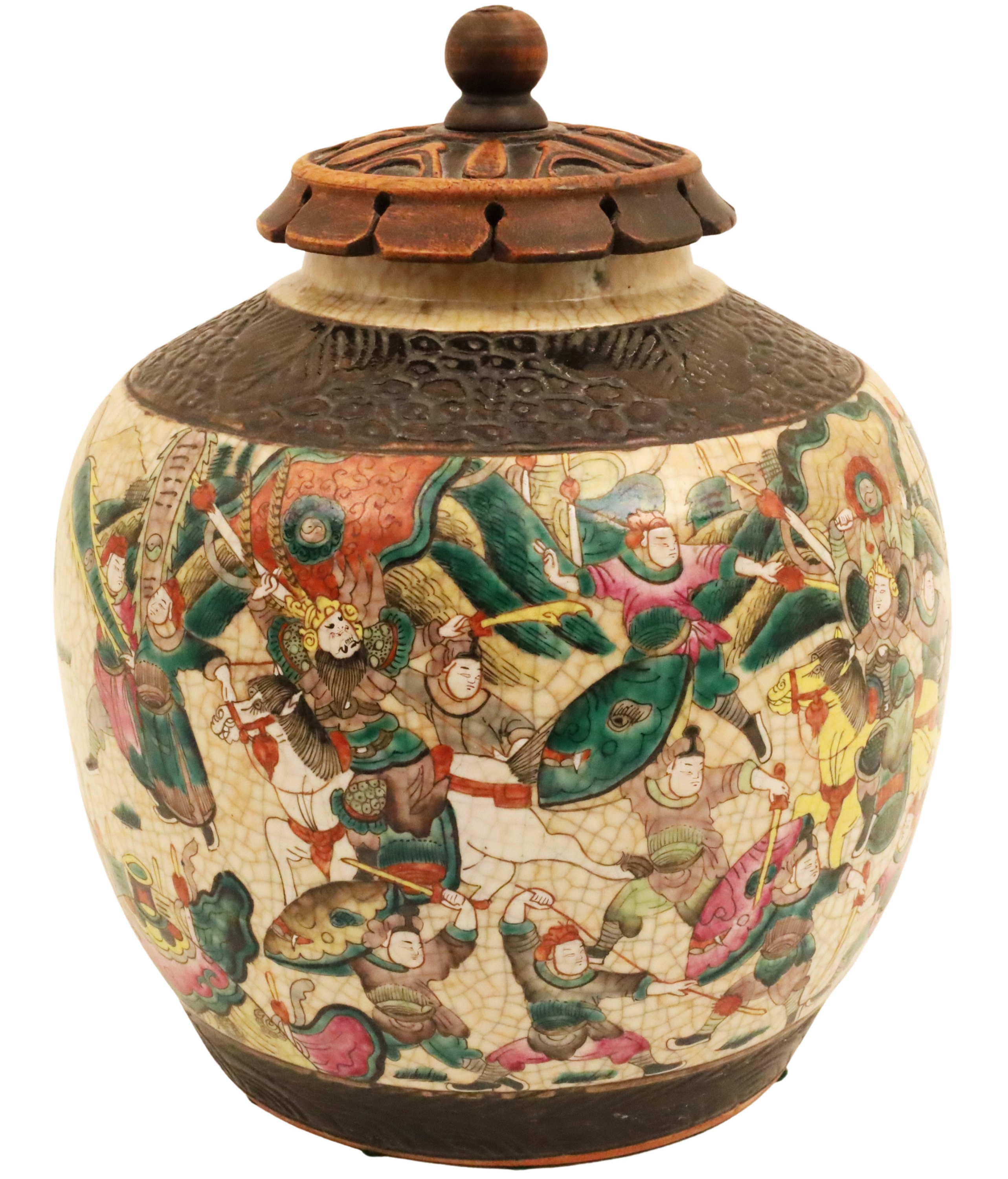 BULBOUS NANKING PORCELAIN JAR W/ WOODEN