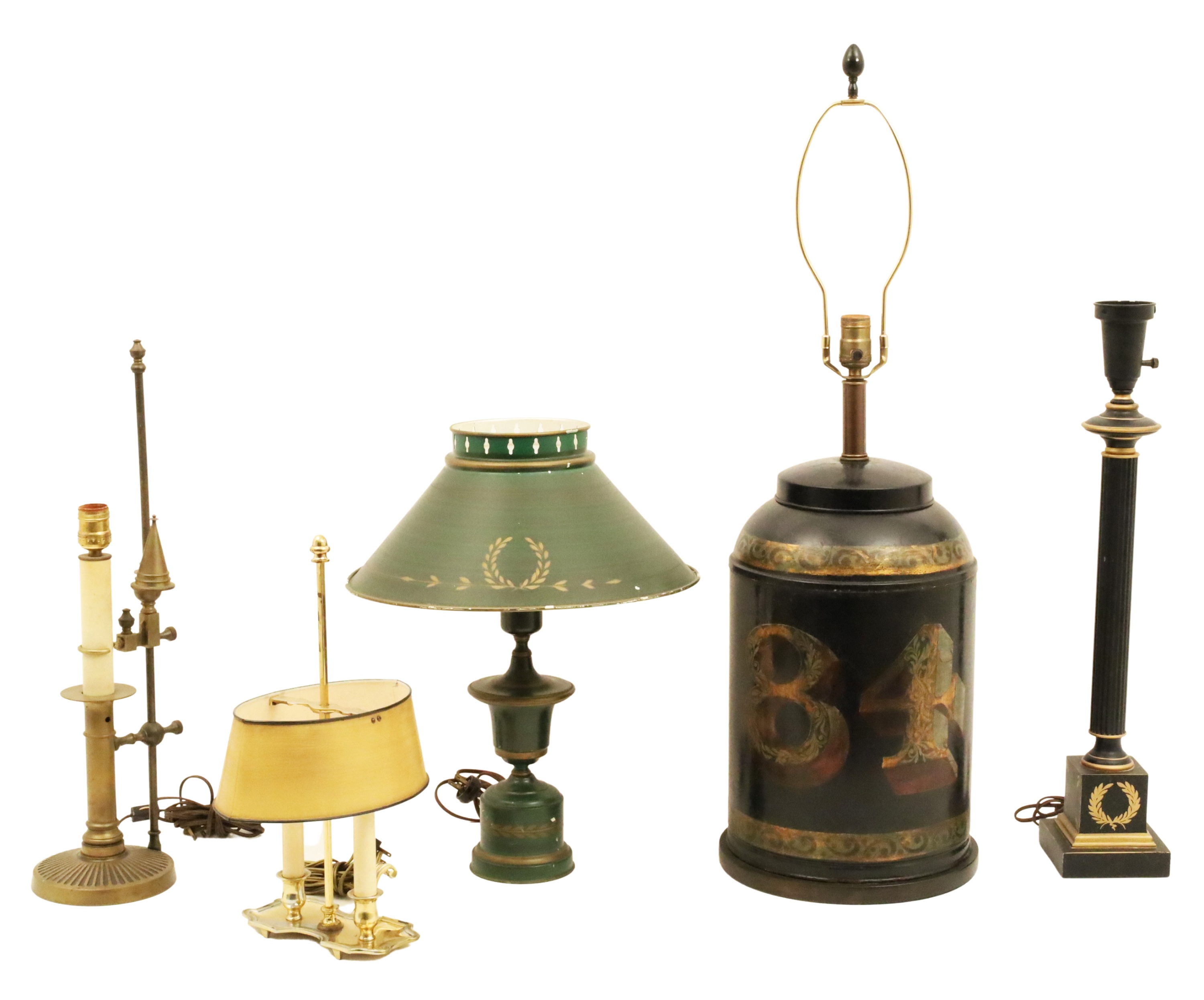5 PIECE LOT OF TOLE AND BRASS LAMPS