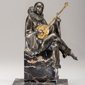 Art Deco Lute Player bronze marble unmarked H 2a5c7c