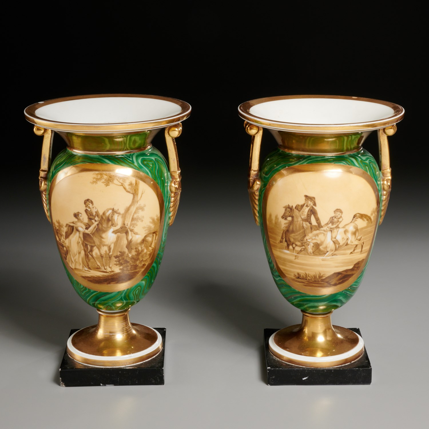 PAIR OLD PARIS FAUX MALACHITE URN 2a5cfe