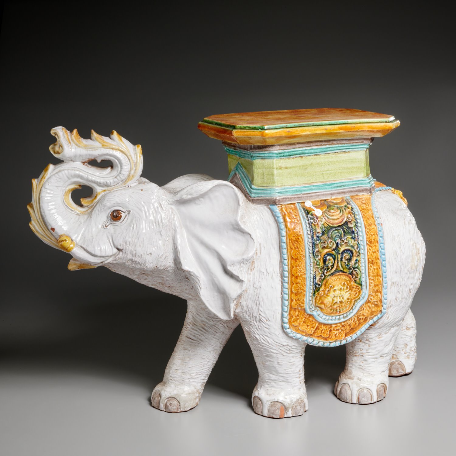 ITALIAN MAJOLICA ELEPHANT GARDEN STOOL