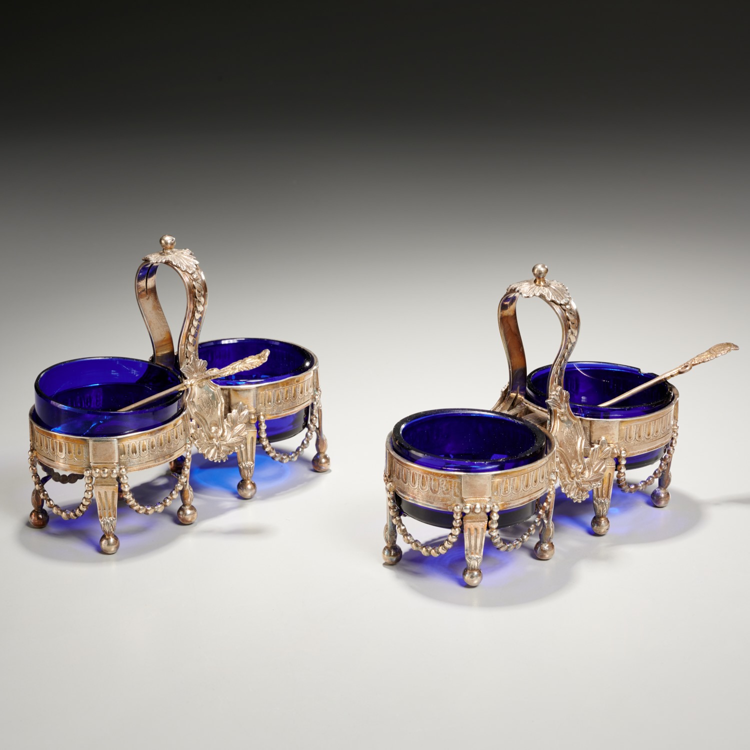 PAIR FRENCH SILVER & COBALT GLASS