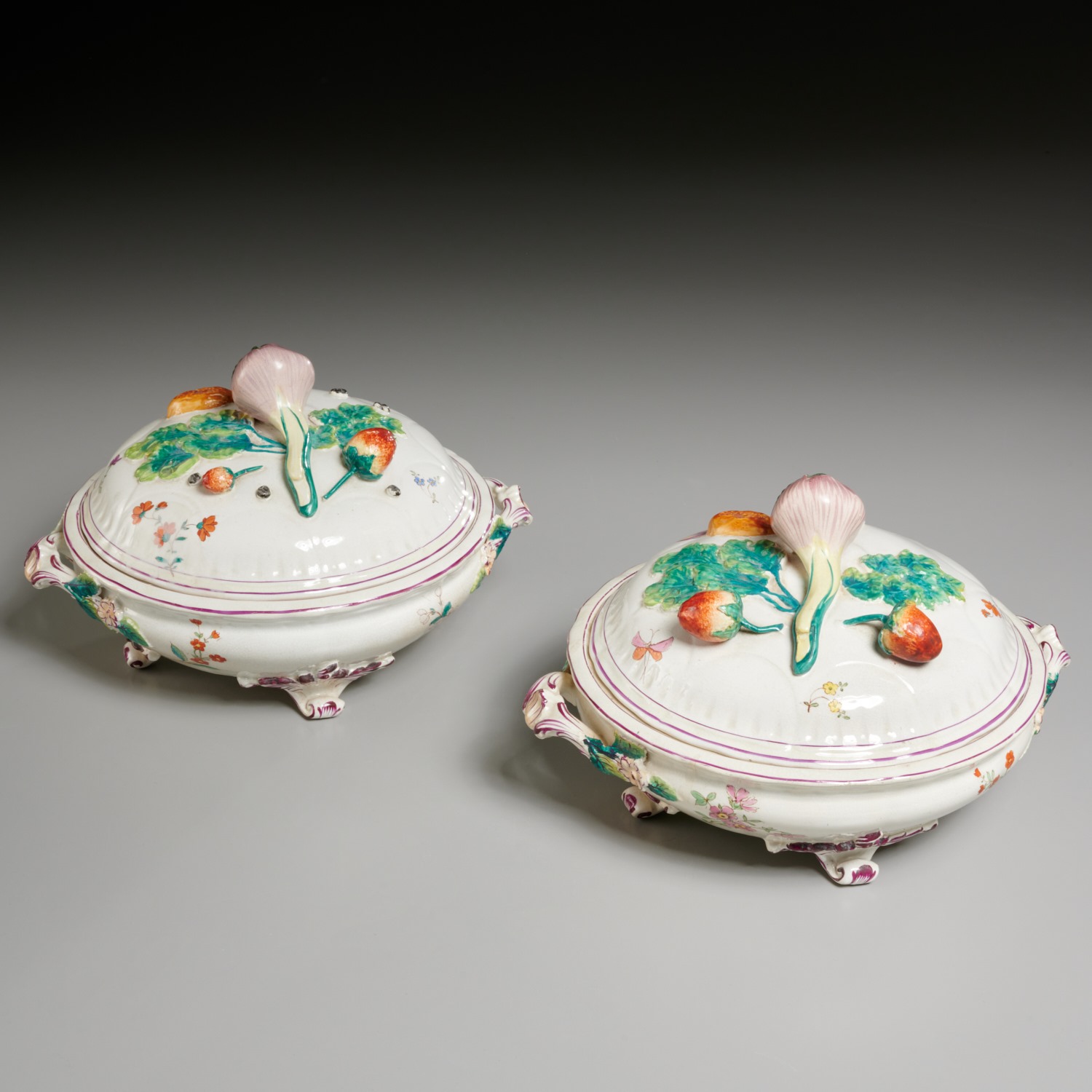 PAIR ANTIQUE PAINTED COVERED VEGETABLE