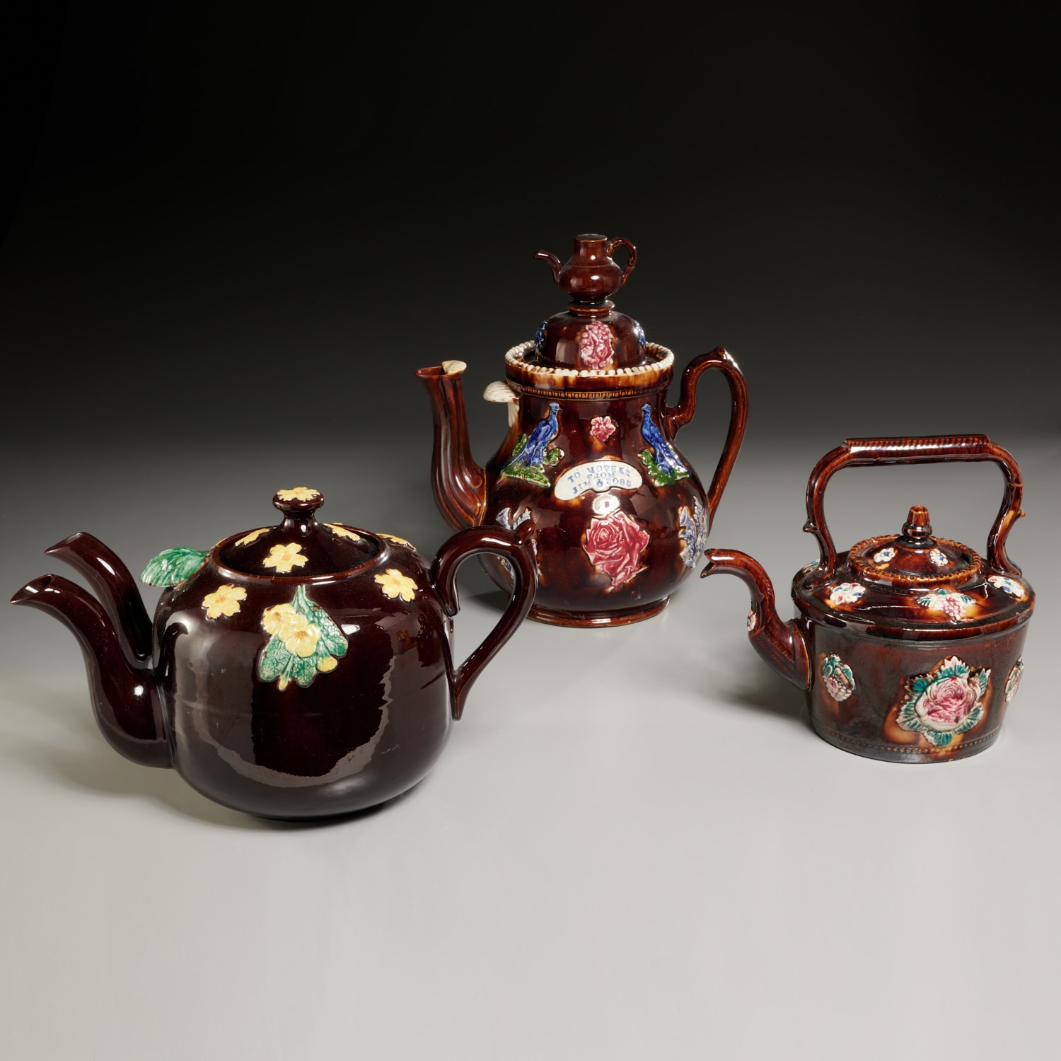 (3) ENGLISH VICTORIAN BARGEWARE TEAPOTS