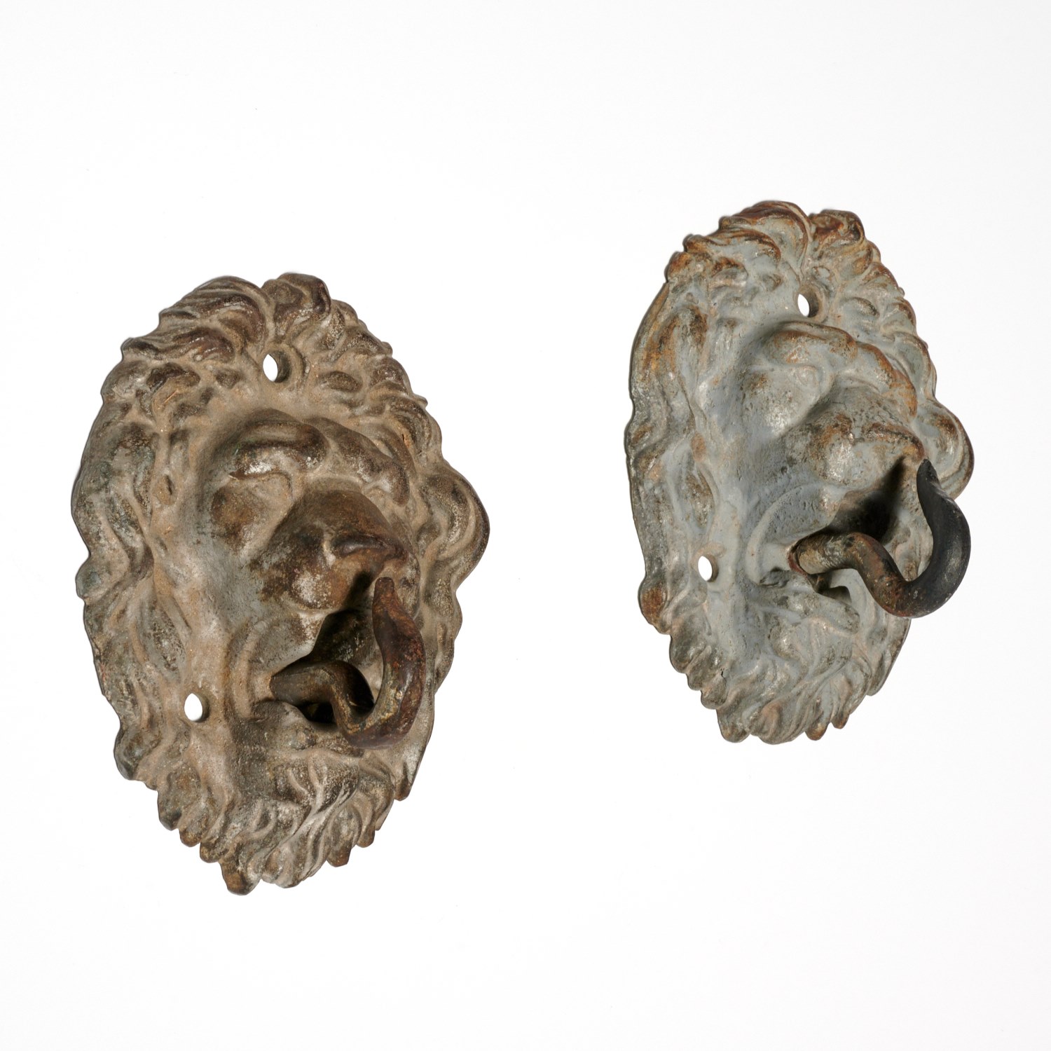 PAIR CAST ZINC LIONS HEAD HOOKS