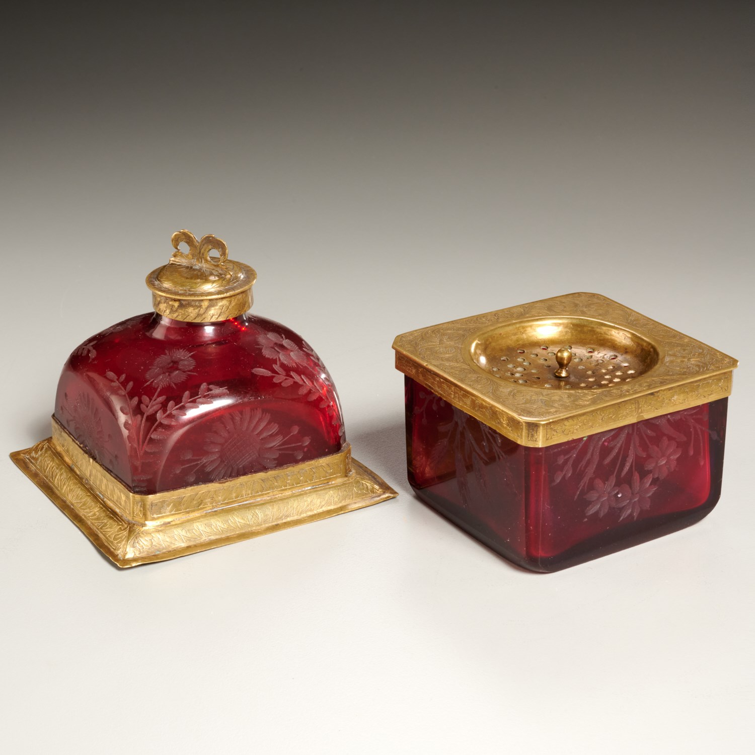 ANTIQUE BRASS, CRANBERRY GLASS