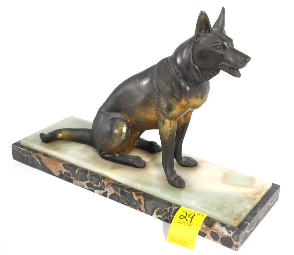 ART DECO METAL DOG STATUE ON MARBLE