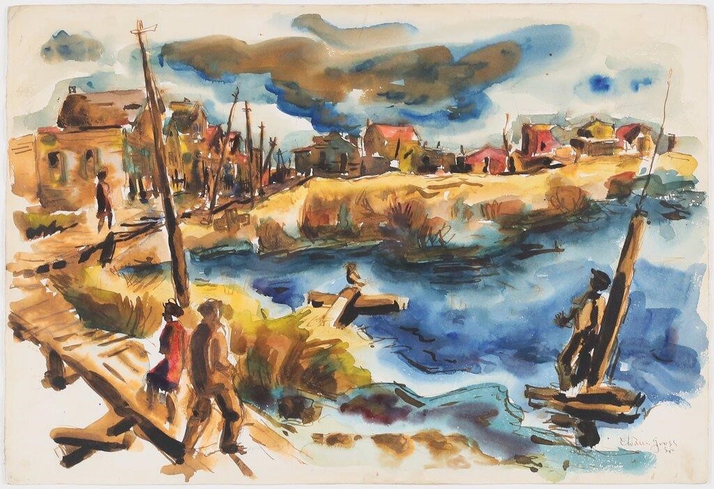 CHAIM GROSS WATERCOLOR VILLAGE 2a490e