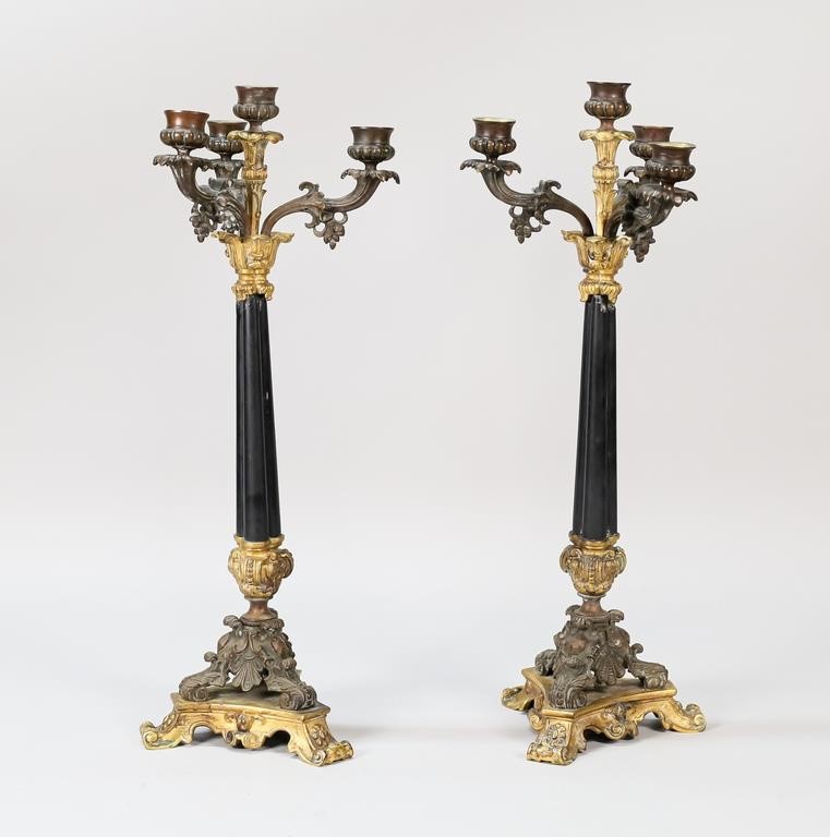 2 PATINATED METAL CANDELABRATwo