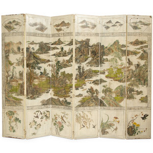 A Chinese Six-Panel Grey and Polychromed