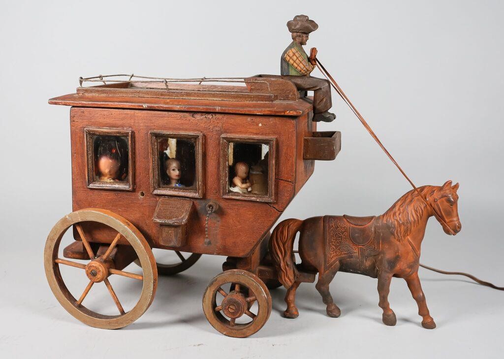 FOLK ART WOODEN HORSE AND CARRIAGE LAMPFolk