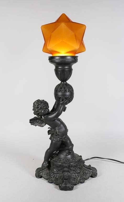 METAL CHERUB TABLE LAMP WITH TORCH SHADEMetal