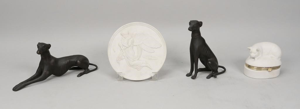 4 DECORATIVE ITEMS2 painted metal greyhounds.