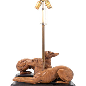 A Carved Wood Greyhound Group Mounted