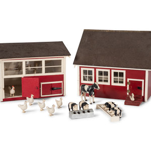 A Painted Wood Toy Barn and Chicken 2a7ff4