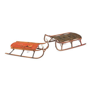 Two Paint Decorated Wood Sleds one 2a7fee
