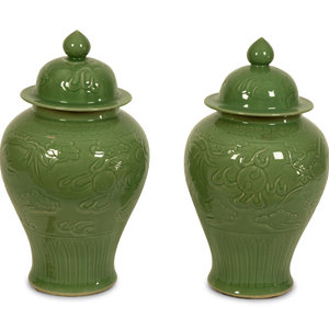 A Pair of Celadon Glazed Covered