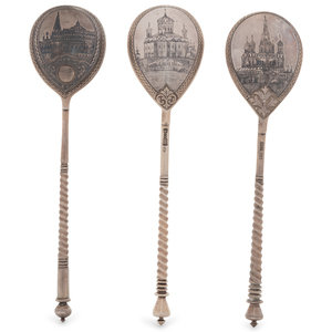 Three Russian Niello Silver Spoons Two 2a903b