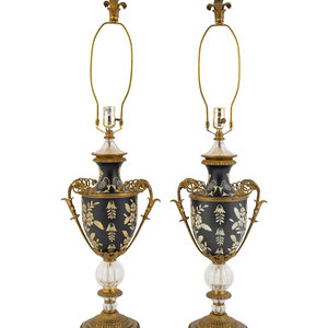 A Pair of Tole and Glass Lamps Height 2a9207